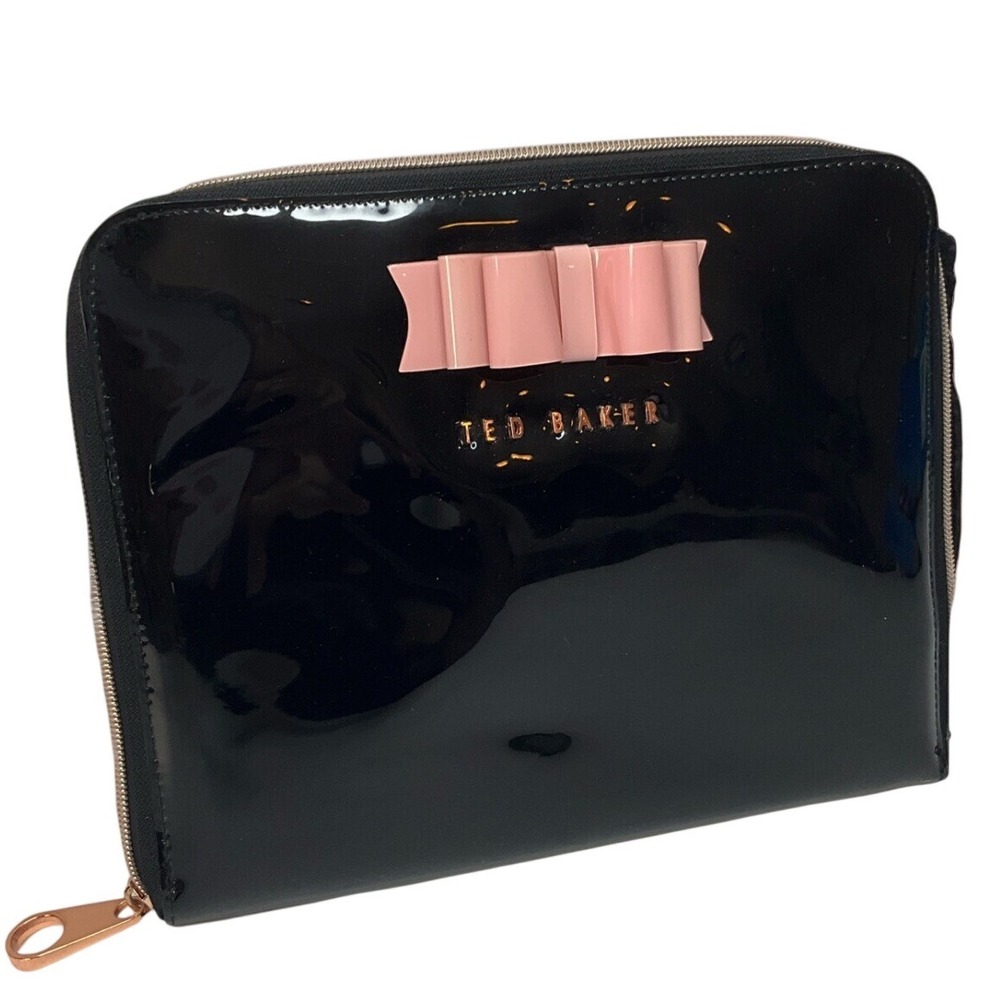 Ted Baker Black Patent Bow Tablet Case Clutch Bag Top Zip‎ Pink Accent 10x8 In
